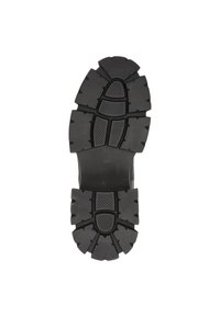 Semelle de botte en caoutchouc noir avec un motif de semelle profond et une texture antidérapante, conçue pour l'adhérence et la stabilité sur diverses surfaces.