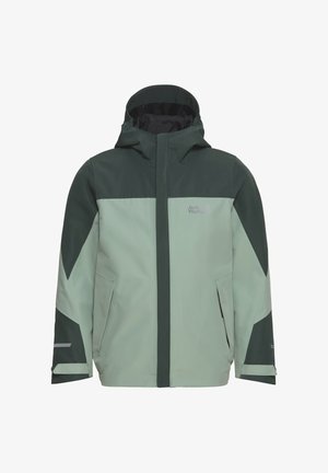 Veste à capuche résistante à l'eau en vert clair et vert foncé, avec un design contrasté en blocs de couleur triangulaires, deux poches latérales et un détail logo.