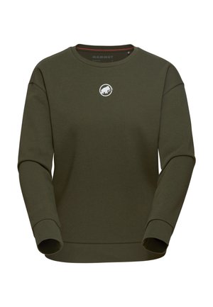 Felpa verde scuro a maniche lunghe con scollo rotondo e piccolo logo mammut bianco centrato sul petto, polsini e orlo a costine.