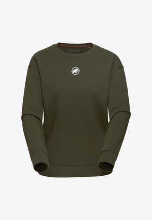 Felpa verde scuro a maniche lunghe con scollo rotondo e piccolo logo mammut bianco centrato sul petto, polsini e orlo a costine.