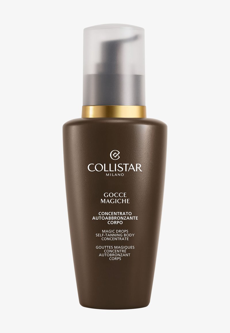 Brun pumpeflaske med Collistar Milano Gocce Magiche selvbrunende kropskoncentrat med guldbånd og frostet låg.