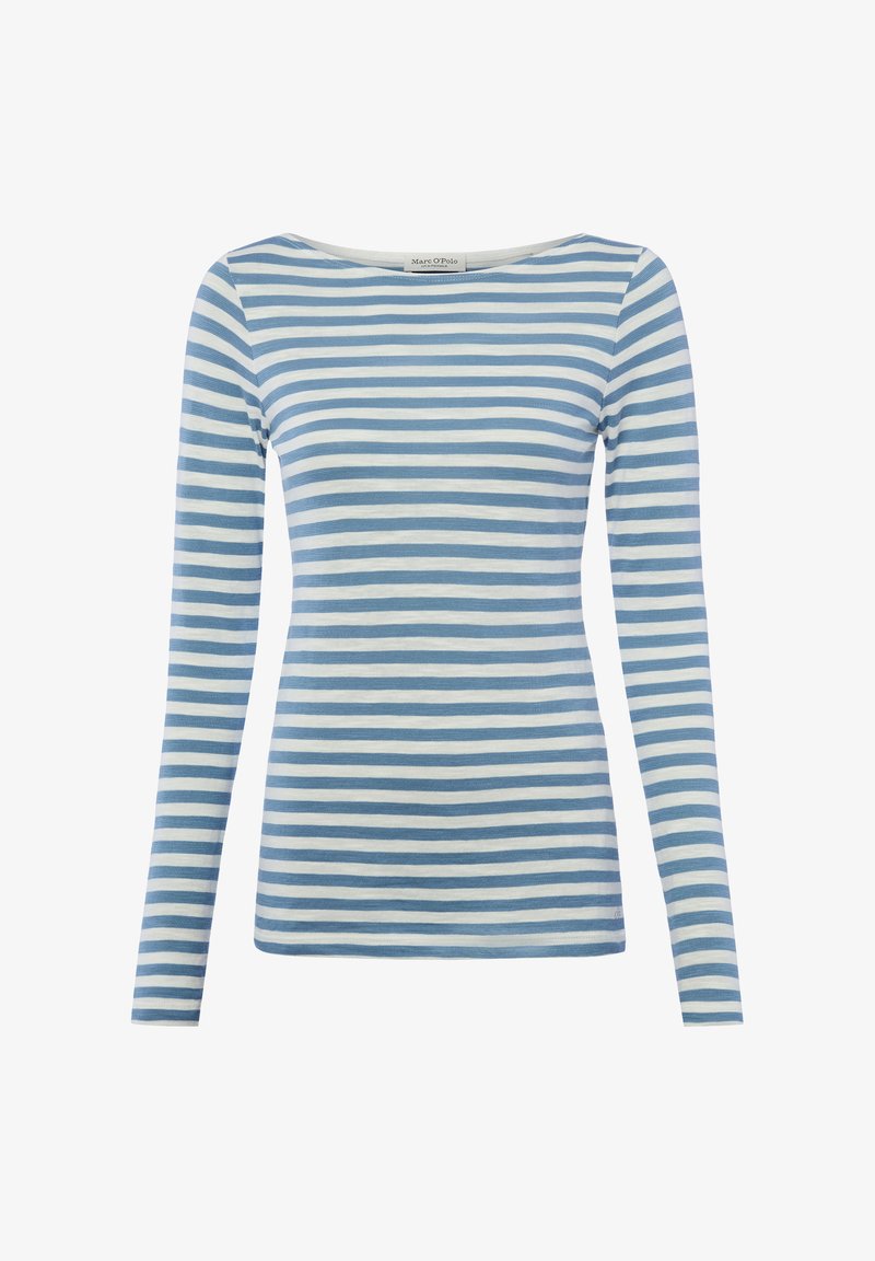 Chemise ajustée à manches longues avec des rayures horizontales bleu clair et blanches et un col rond.