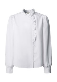 White blouse made of smooth fabric, featuring a high ruffled collar and front placket with buttons. Long sleeves with gathered cuffs.