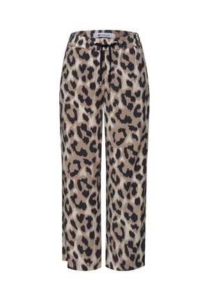 Wijde broek met beige en zwarte luipaardprint, elastische tailleband en zwarte koordsluiting aan de voorkant.