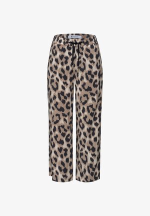 Wijde broek met beige en zwarte luipaardprint, elastische tailleband en zwarte koordsluiting aan de voorkant.