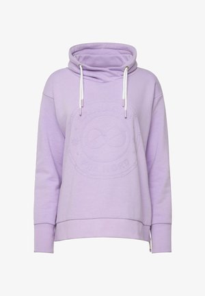 Vaaleanlila huppari, jossa on etutasku, nyörit ja tekstuurinen logo. Valmistettu pehmeästä puuvillasekoitteesta.