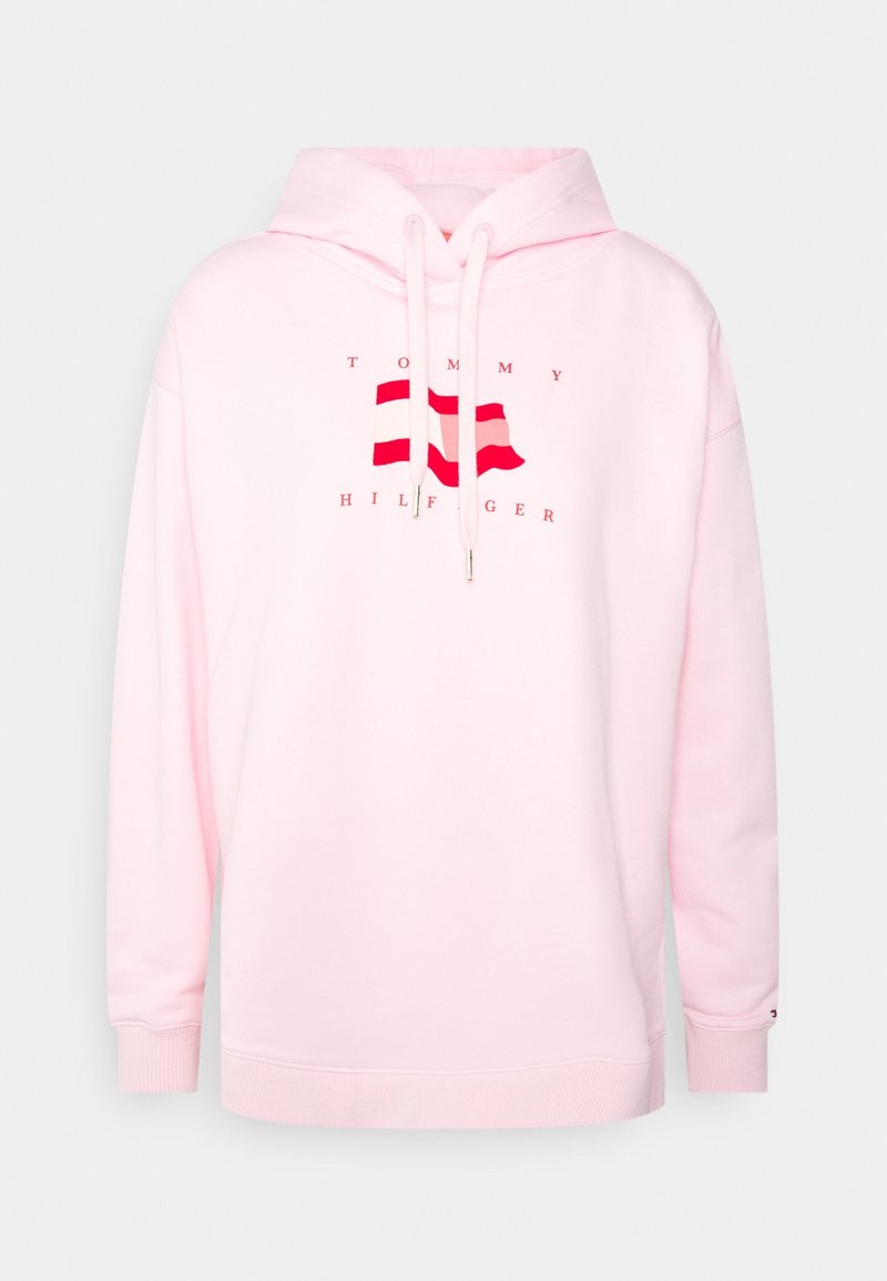 Felpa rosa chiaro con coulisse, caratterizzata da un logo centrale di bandiere rosse e bianche. Realizzata in materiale morbido, con polsini e orlo a coste.