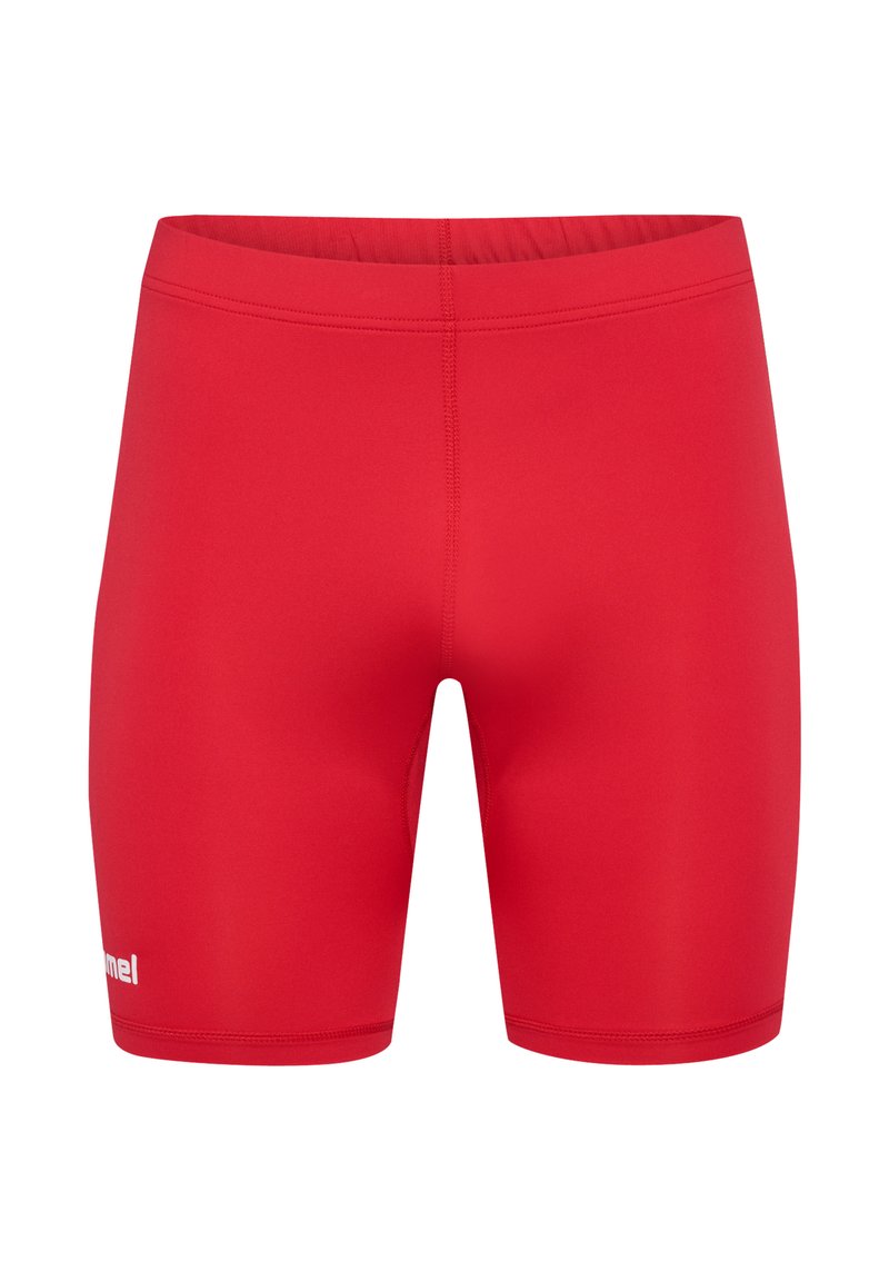 Rote Badeshorts aus dehnbarem Material. Figurbetontes Design mit elastischem Bund, versehen mit subtilen Nähten und einem Logo an der Seite.