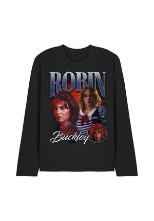 Black long-sleeve shirt with three portraits of a woman named Robin Buckley from a TV show, featuring her in different outfits and hairstyles.