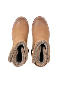 Brązowe skórzane botki za kostkę z futrzanym podszyciem, zaokrąglonym noskiem i odwijanym mankietem dla dodatkowego ciepła i stylu.