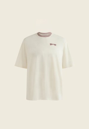 Off-white short-sleeve T-shirt with maroon striped crew neck and small "House of Sunny" text on the left chest.