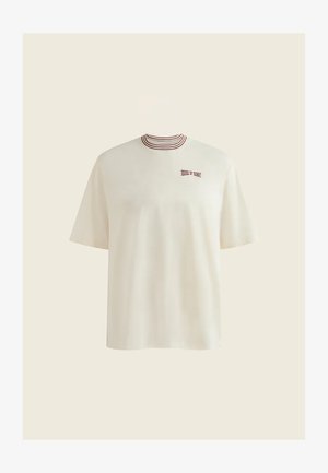 Off-white short-sleeve T-shirt with maroon striped crew neck and small "House of Sunny" text on the left chest.