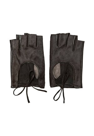 Een paar zwarte vingerloze leren handschoenen met open handpalmen en verstelbare striksluitingen.