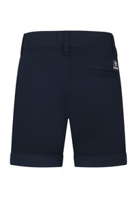 Pantaloni corti blu navy in cotone, con orlo arrotolato, tasca posteriore e una piccola etichetta con logo sulla vita.
