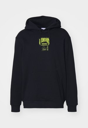 Must värvi puuvillasegust kapuutsiga krae, millel on ees tasku ja neonroheline graafiline disain rinnaosas.