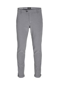 Pantalons en coton gris avec une coupe ajustée, dotés d'une fermeture à bouton, de passants de ceinture et de manches retroussées. Texture lisse avec un motif subtil.