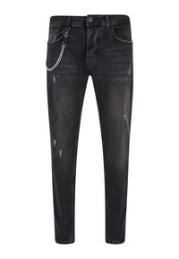 Jeans de denim negro con un corte ajustado, que presentan detalles desgastados y un acento de cadena plateada en el bolsillo frontal. Diseño clásico de cinco bolsillos.