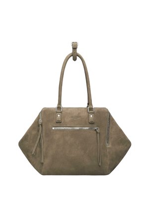 Sac à main en daim taupe de forme trapézoïdale, avec deux poignées et trois fermetures éclair argentées visibles à l'avant et sur les côtés.