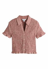 Camicia a maniche corte con colletto in motivo vichy rosso e bianco, tessuto strutturato e orlo arricciato, con bottoni bianchi sul davanti.