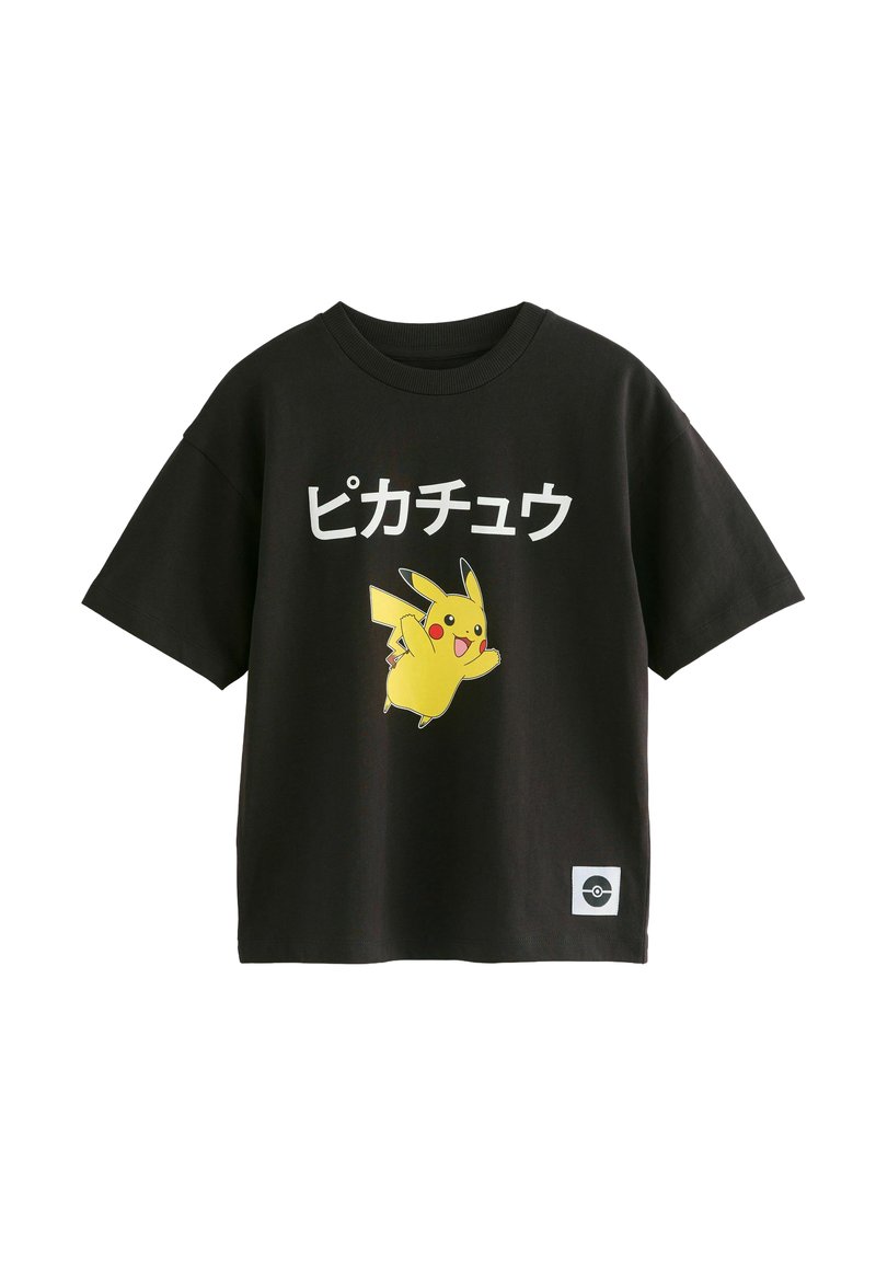 Zwart T-shirt met een gele Pikachu-graphic en Japanse tekst. Gemaakt van katoen, korte mouwen, met een logo-patch in de benedenhoek.