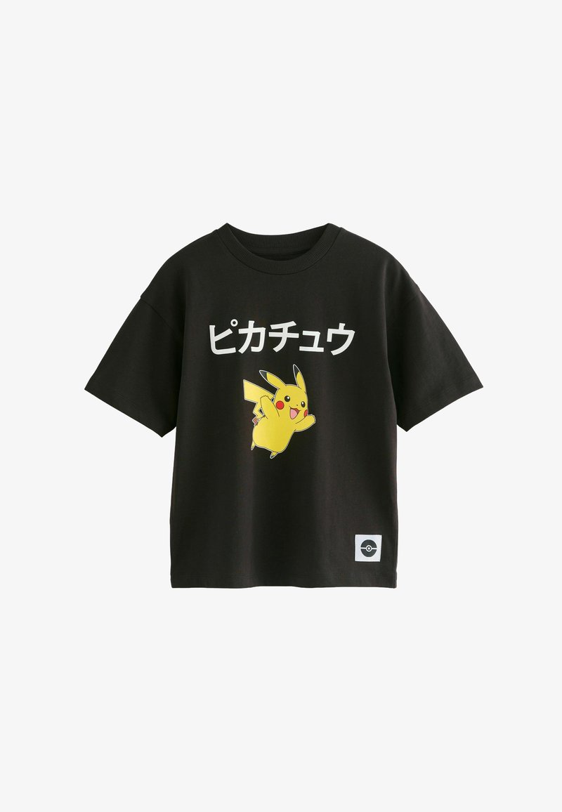 Zwart T-shirt met een gele Pikachu-graphic en Japanse tekst. Gemaakt van katoen, korte mouwen, met een logo-patch in de benedenhoek.