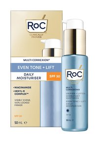 Blue bottle with a white pump, labeled "RoC Multi Correxion Even Tone + Lift Daily Moisturiser SPF 30." Features gold accents and clinical claims.
