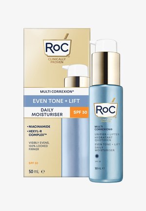 Blaue Flasche mit einer weißen Pumpe, beschriftet mit "RoC Multi Correxion Even Tone + Lift Tagesfeuchtigkeitspflege SPF 30." Hat goldene Akzente und klinische Ansprüche.
