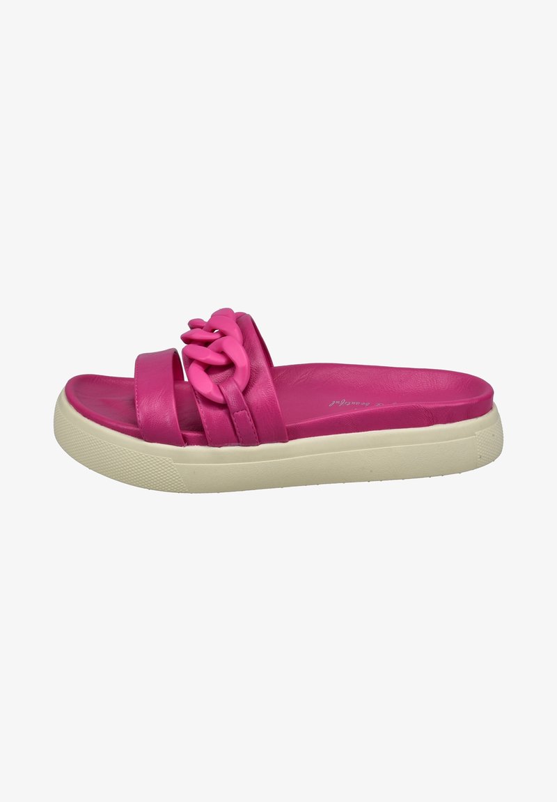 Sandale à glissière rose avec deux brides, détail chaîne épaisse et semelle épaisse en caoutchouc blanc.
