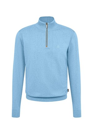 Helles blaues Zip-Kragen-Pullover aus Strickstoff. Verfügt über lange Ärmel, gerippte Bündchen und einen kontrastierenden Reißverschluss mit einem kleinen Logo auf der Brust.