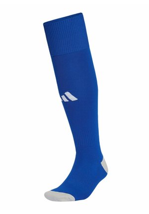 Chaussette de sport bleue montant jusqu'au genou avec logo à rayures blanches, présentant des zones renforcées au niveau des orteils et du talon en blanc.