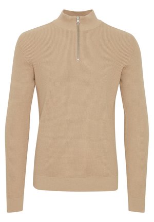 Beige, textured knit sweater with a high collar and a half zipper. Fitted long sleeves and a ribbed hem detail. Minimalist design.