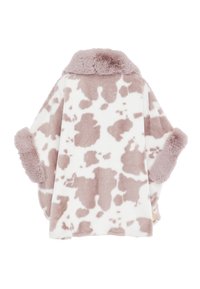 Wrap in pelliccia sintetica bianca con stampa a macchie marroni, caratterizzato da un colletto morbido e polsini in peluche. Vestibilità comoda e superficie testurizzata.