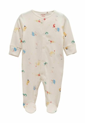 Body pour bébé couleur crème avec des imprimés d'animaux de cirque colorés, manches longues, jambes avec pieds intégrés, et boutons-pression à l'avant.