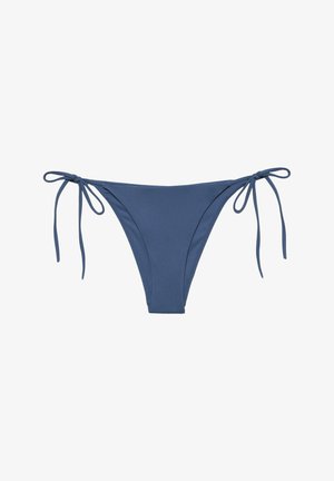 Bas de bikini bleu avec liens latéraux ajustables sur fond blanc.