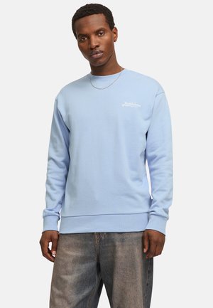 Jasnoniebieski sweatshirt z okrągłym dekoltem i długimi rękawami. Z przodu ma małe białe logo na piersi. Miękki, teksturowany materiał.
