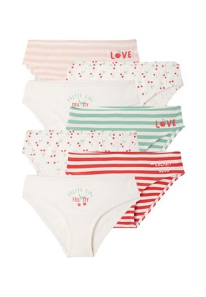 Set of seven girls' underwear in varying colors: pink, white, green, and red. Features patterns like stripes and cherries, with small text detailing.