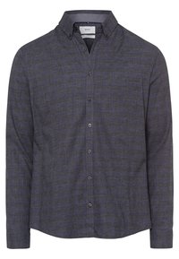 Koszula z długim rękawem w ciemnoniebieską i szaro-broszową kratę, wykonana z bawełny, z zapięciem na guziki z przodu, wskazującym kołnierzykiem oraz zaokrąglonym dołem.