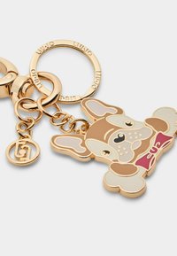 Ključavnica z obliko psa v zlatem kovinskem tonu, s barvnimi emajliranimi poudarki. Vključuje čar s logotipom in krožno pritrjevanje za ključe.