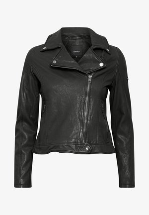 Melnas ādas motociklistu jaka ar rāvējslēdzēju priekšpusē, pogu apkakli, garām piedurknēm un sānu kabatām. Gluda tekstūra ar metāla akcentiem.