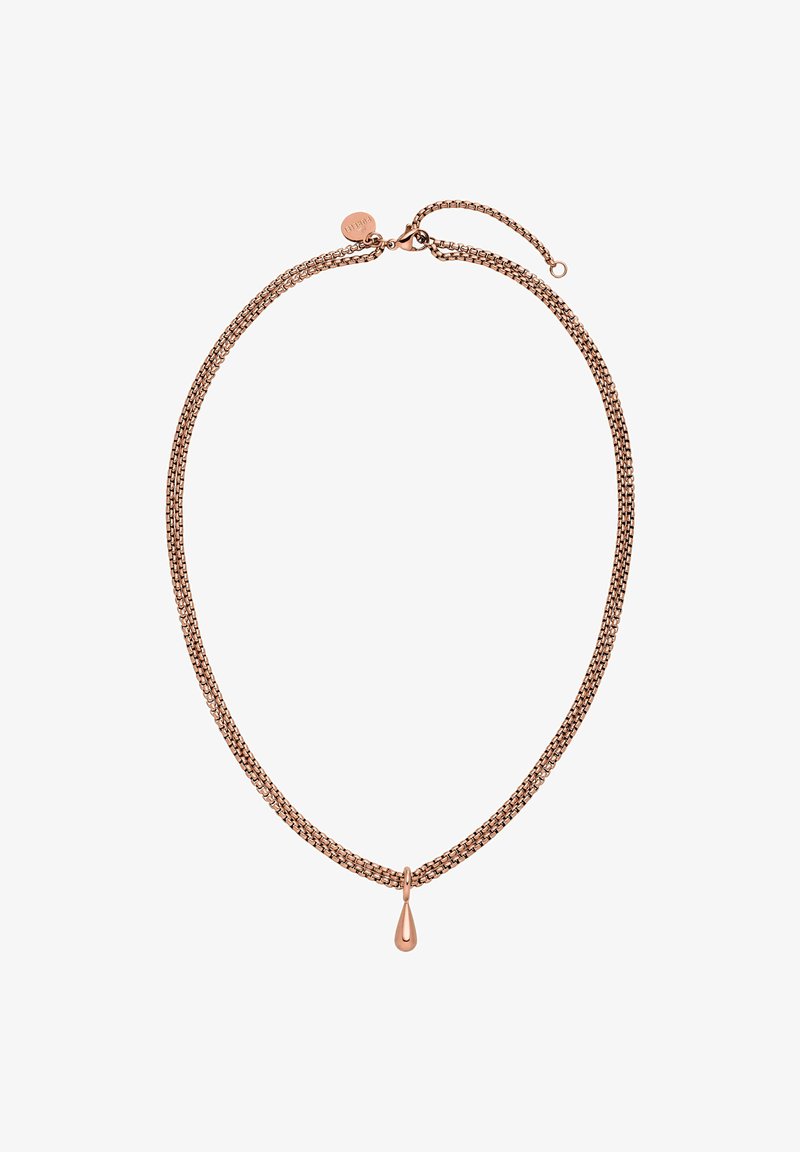 Halskette aus Roségold mit geflochtenem Design, einem tropfenförmigen Anhänger und einem sicheren Verschluss, der in der Länge verstellbar ist.