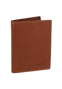 Pruun nahast rahakott sileda tekstuuriga, millel on peened õmblused ja allnurgas "Gusti Leder studio" kujutis.