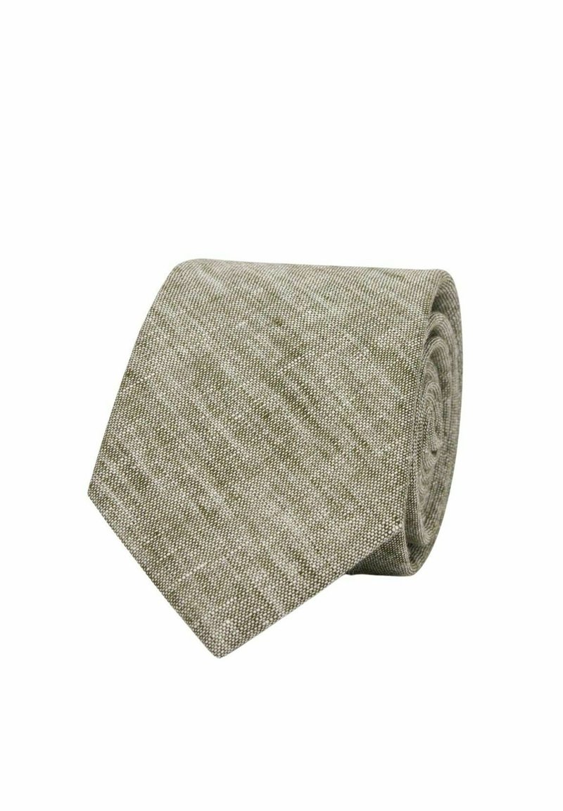 Kudottu solmio vihreän ja beige sävyissä, joka esittelee tekstuuripinnan ja terävän pään, suunniteltu virallisiin tilaisuuksiin.