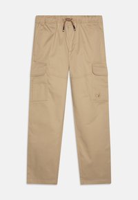 Pantalons cargo kaki avec une taille élastique, un cordon de serrage et deux poches latérales. Texture lisse avec des coutures renforcées et un détail de logo.