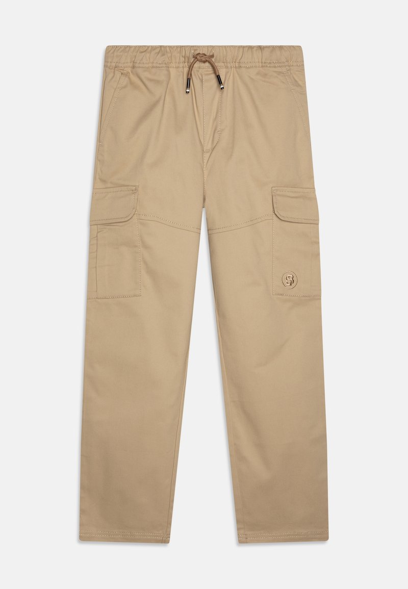 Pantalons cargo kaki avec une taille élastique, un cordon de serrage et deux poches latérales. Texture lisse avec des coutures renforcées et un détail de logo.