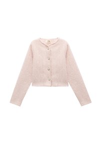 Cardigan corto rosa realizzato in un tessuto testurizzato con scollatura tonda e chiusura a bottoni che presenta bottoni decorativi simili a perle. Maniche lunghe.