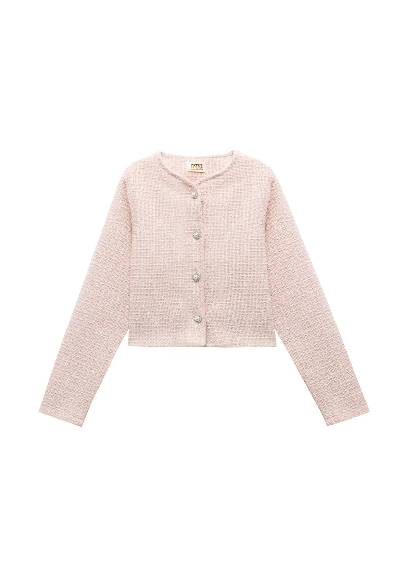Cardigan corto rosa realizzato in un tessuto testurizzato con scollatura tonda e chiusura a bottoni che presenta bottoni decorativi simili a perle. Maniche lunghe.