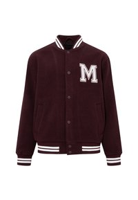 Burgunderfarbene Collegejacke mit weißen Streifen am Kragen und an den Bündchen; verfügt über ein auffälliges weißes "M" auf der linken Brust und zwei seitliche Taschen.