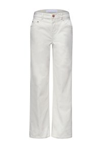 Jean droit écru avec poches avant, passants de ceinture, fermeture par boutons et détails de couture visibles.