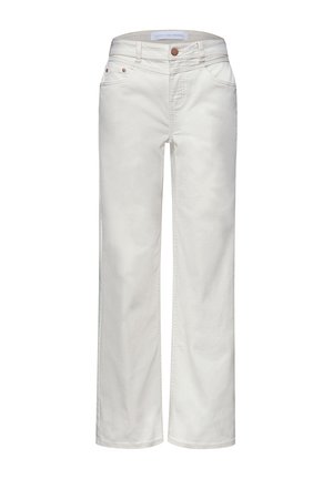 Jean droit écru avec poches avant, passants de ceinture, fermeture par boutons et détails de couture visibles.
