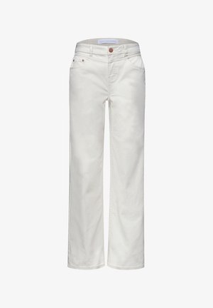 Jean droit écru avec poches avant, passants de ceinture, fermeture par boutons et détails de couture visibles.
